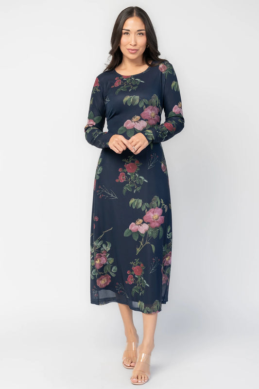 Fiorella Mesh Midi Dress in Navy Floral with soft mesh fabric, sheer long sleeves, removable waist tie, and midi skirt.