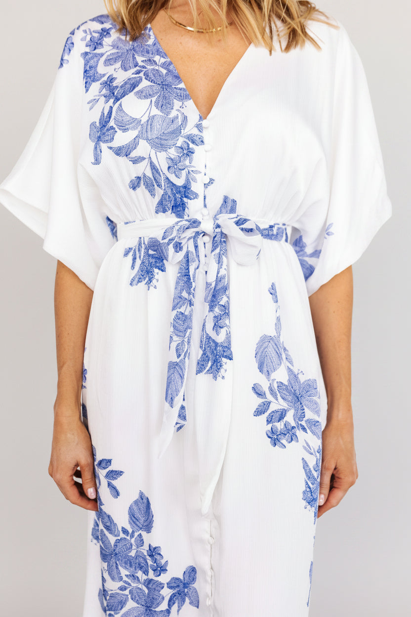 Florina Kimono Maxi Dress, White & Blue Floral | Baltic Born S Florina Kimono Maxi Dress, White & Blue Floral | Baltic Born S