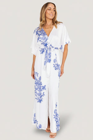 Florina Kimono Maxi Dress, White & Blue Floral