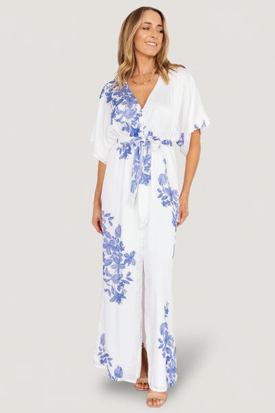 white kimono dress Baltic Born Womens Florina Kimono Maxi Dress | White + Blue