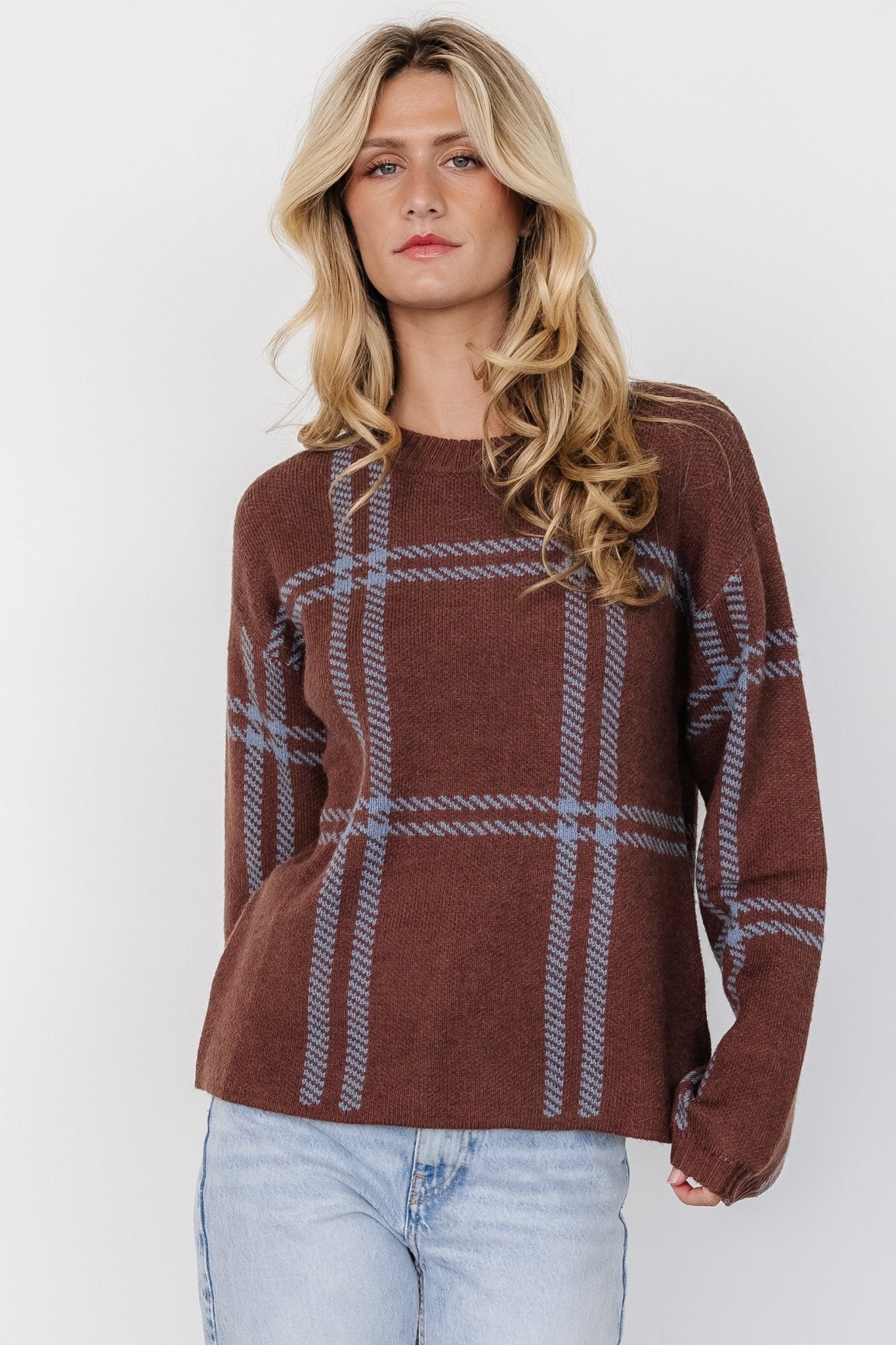 Francie Sweater | Brown + Blue Plaid - Baltic Born