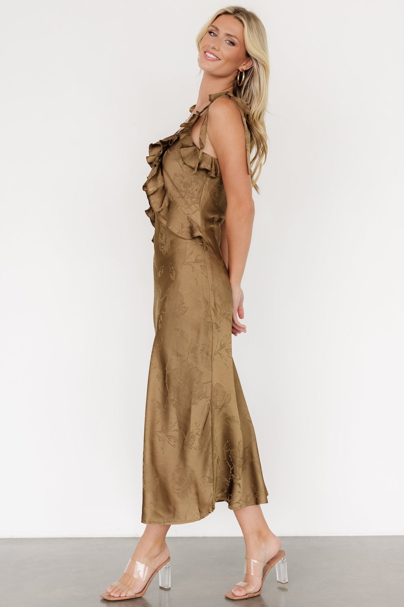 Gianni Satin Ruffle Dress | Olive - Baltic Born