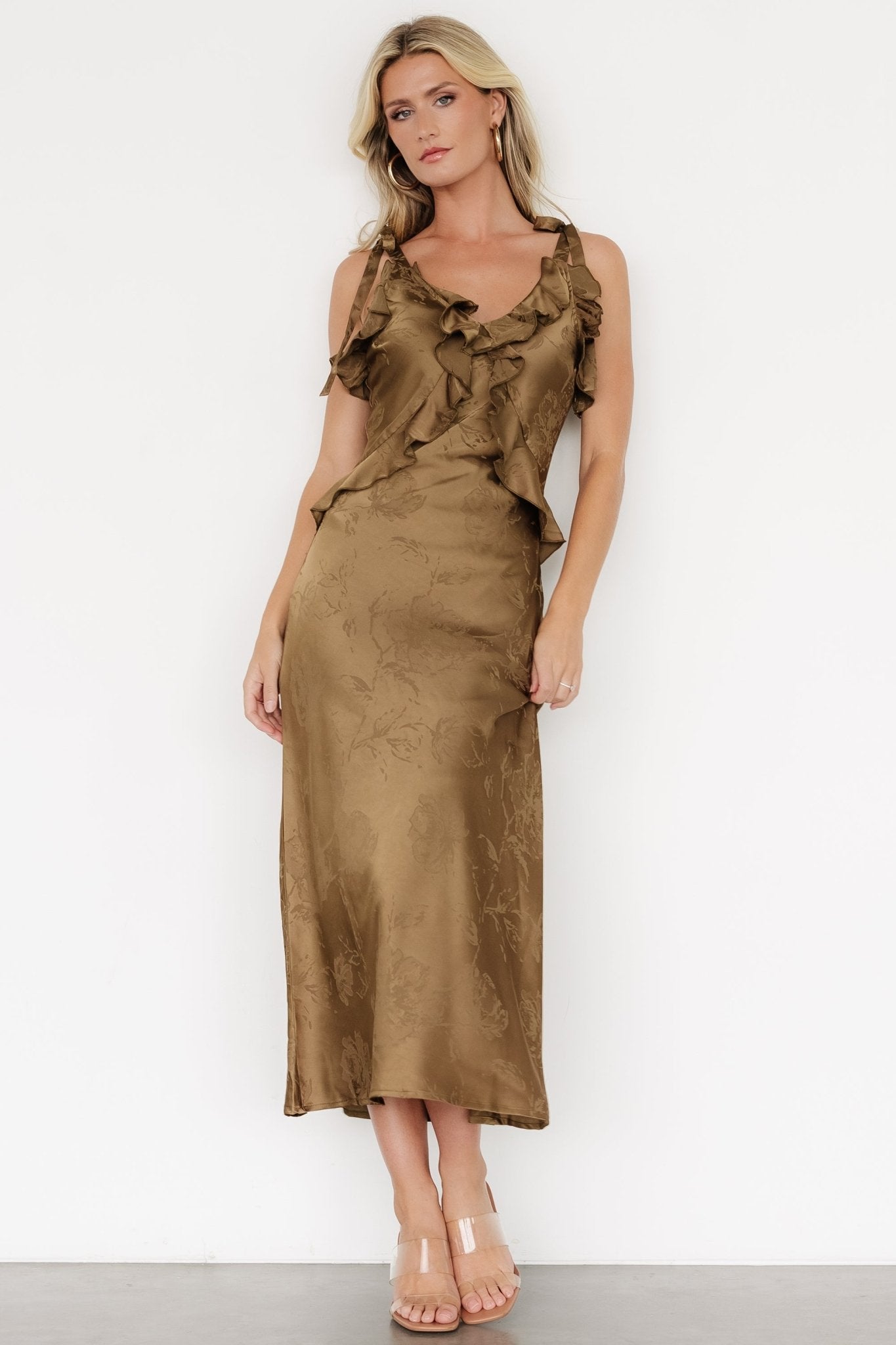 Gianni Satin Ruffle Dress | Olive - Baltic Born