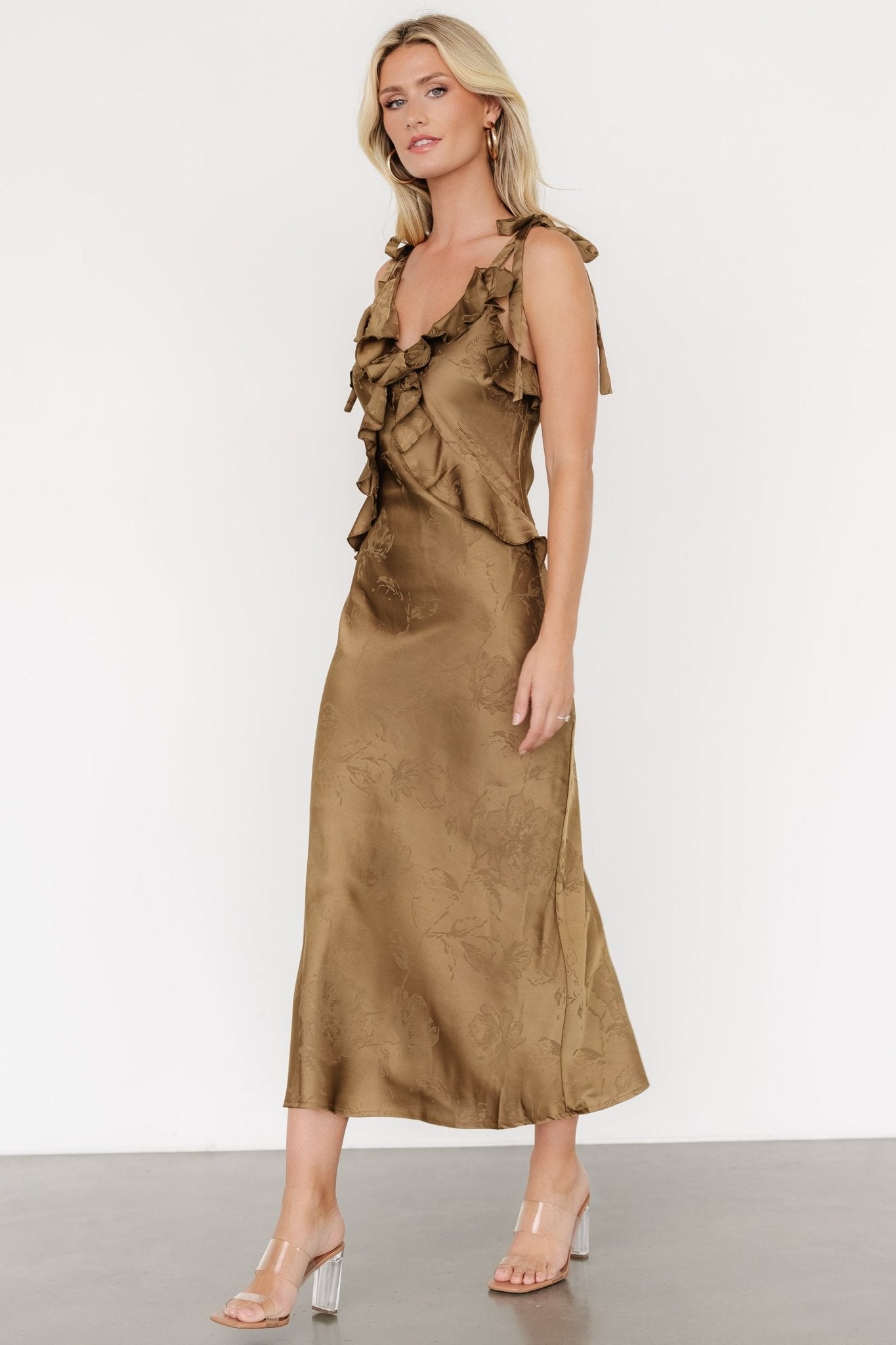 Gianni Satin Ruffle Dress | Olive - Baltic Born