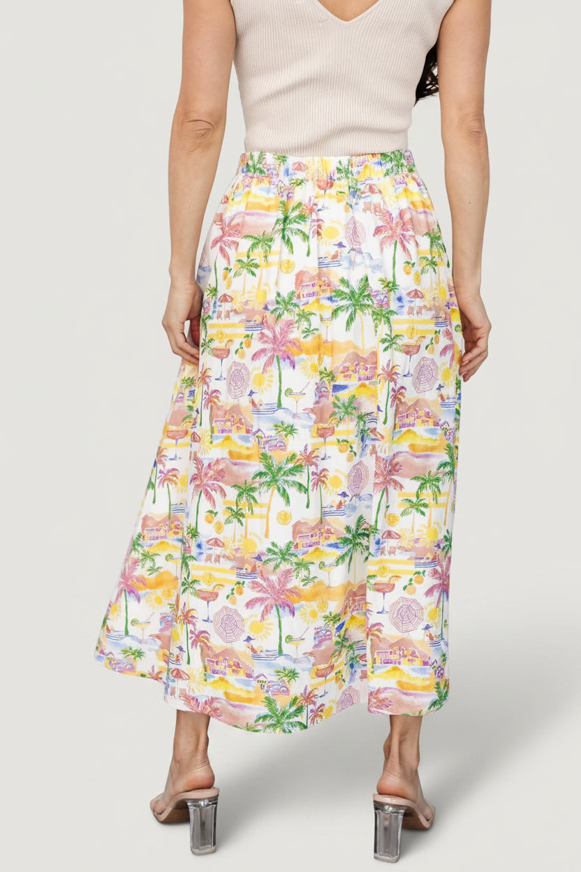 Gigi Button Midi Skirt | Off White + Multi Print
