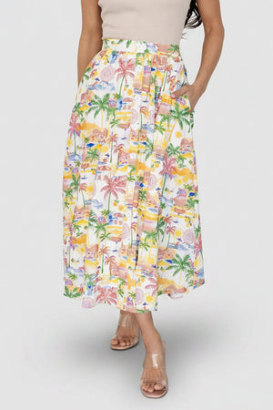 Gigi Button Midi Skirt | Off White + Multi Print