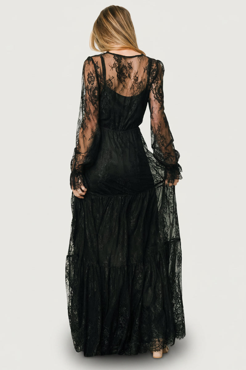 Gloria Lace Maxi Dress — Black Tiered Gown