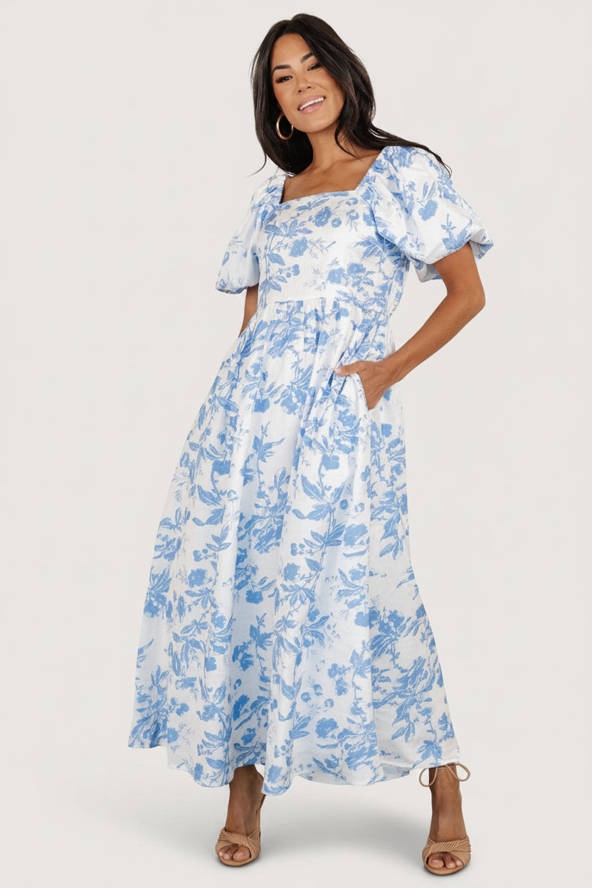 Baltic Born Womens Graceland Maxi Dress | White + Blue Floral