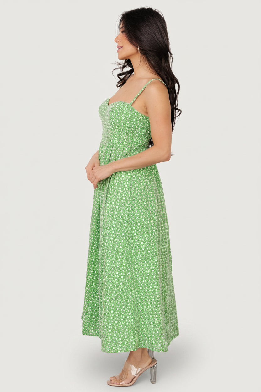 Gracelyn Embroidered Sweetheart Dress | Green Floral