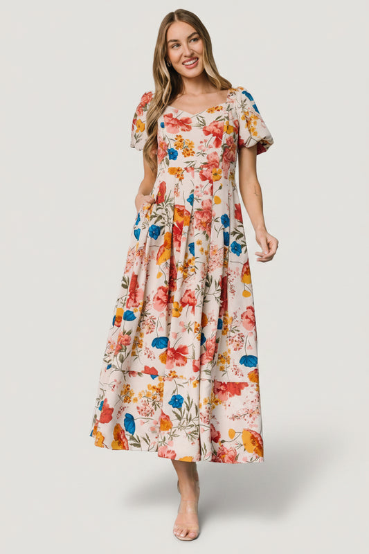 Greta Pleated Maxi Dress | Cream Multi Floral