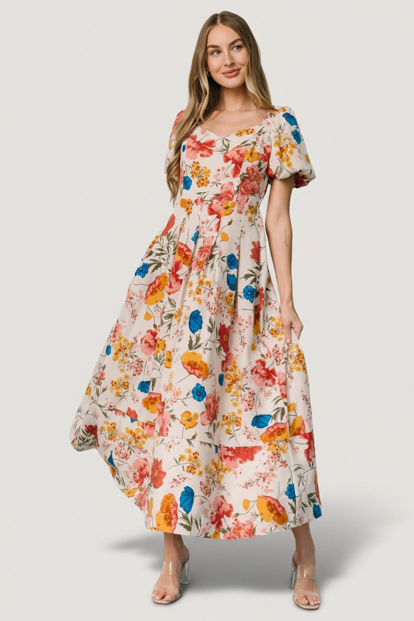 Greta Pleated Maxi Dress | Cream Multi Floral
