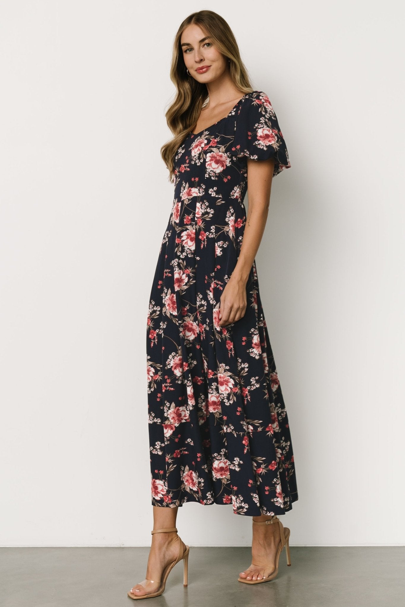 Greta Pleated Maxi Dress | Navy + Pink Floral - Baltic Born