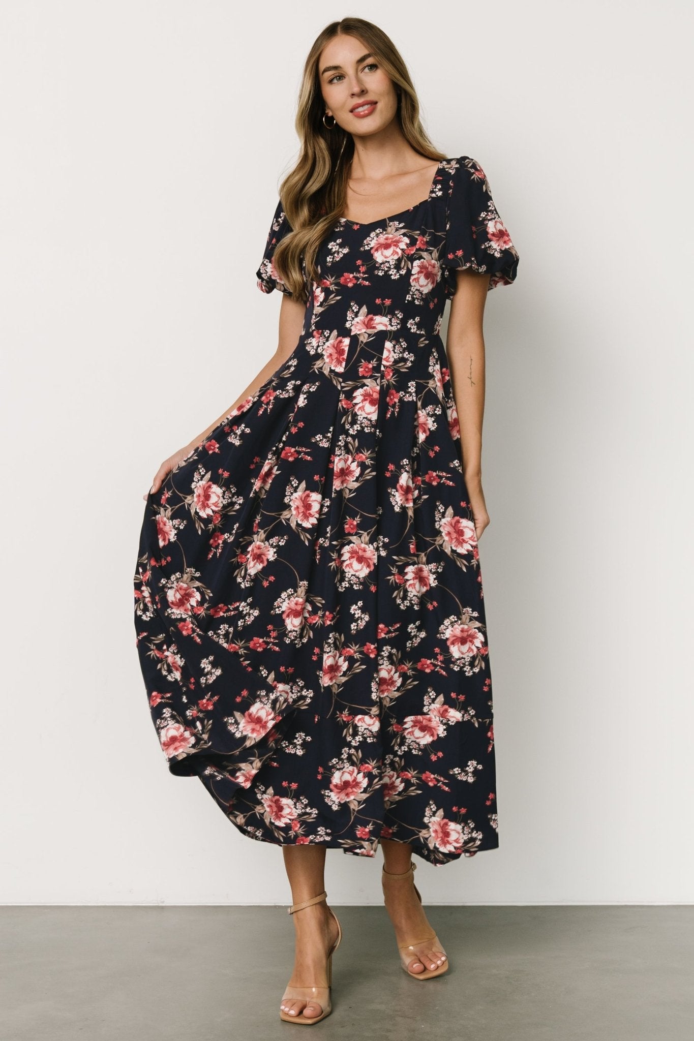 Greta Pleated Maxi Dress | Navy + Pink Floral - Baltic Born