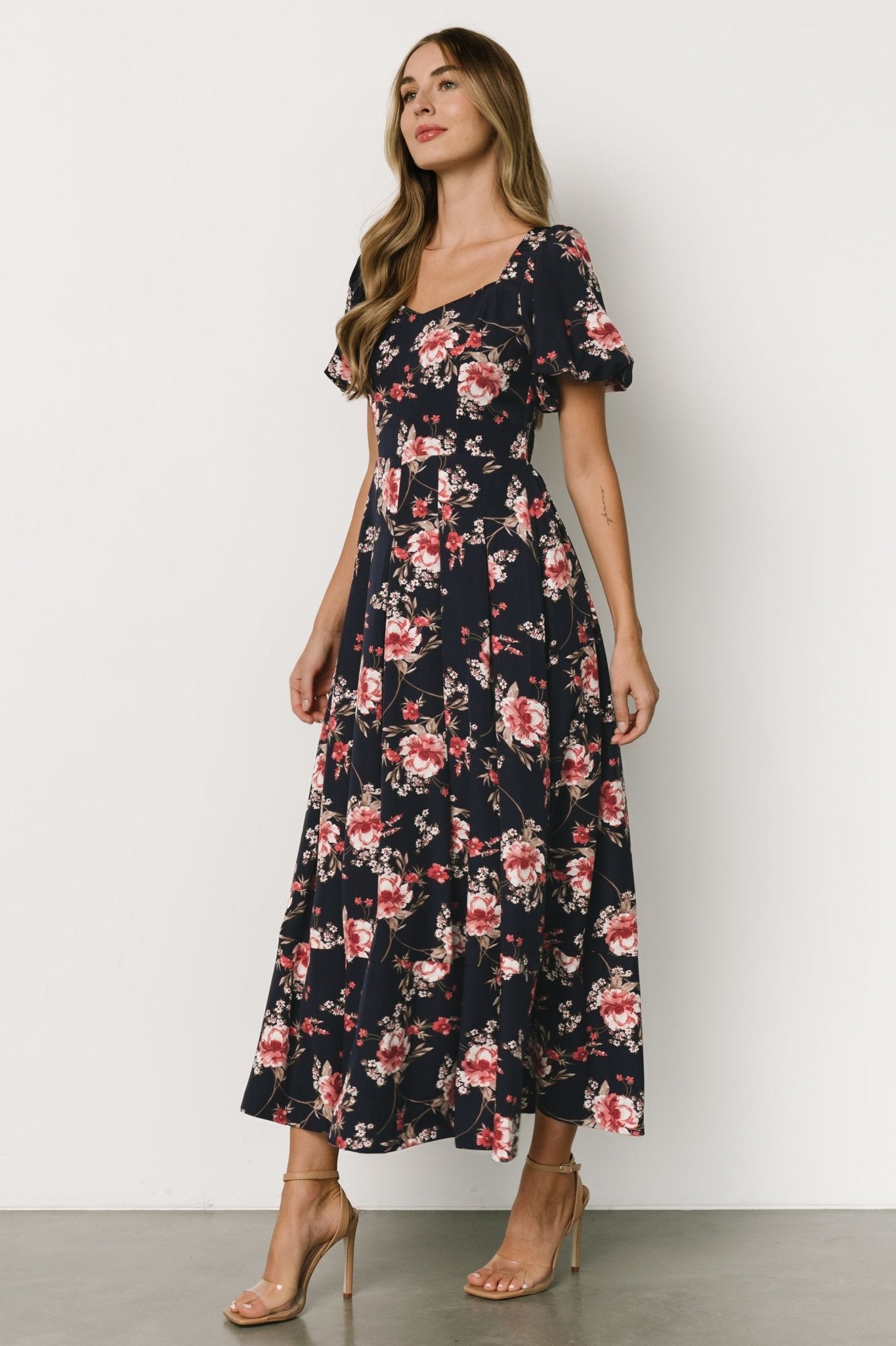 Greta Pleated Maxi Dress | Navy + Pink Floral - Baltic Born