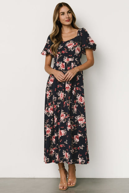 Greta Pleated Maxi Dress | Navy + Pink Floral - Baltic Born