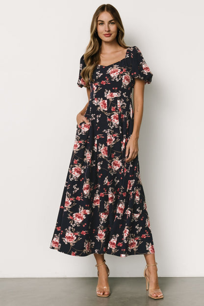 Greta Pleated Maxi Dress | Navy + Pink Floral - Baltic Born