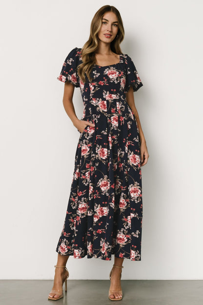 Greta Pleated Maxi Dress | Navy + Pink Floral - Baltic Born