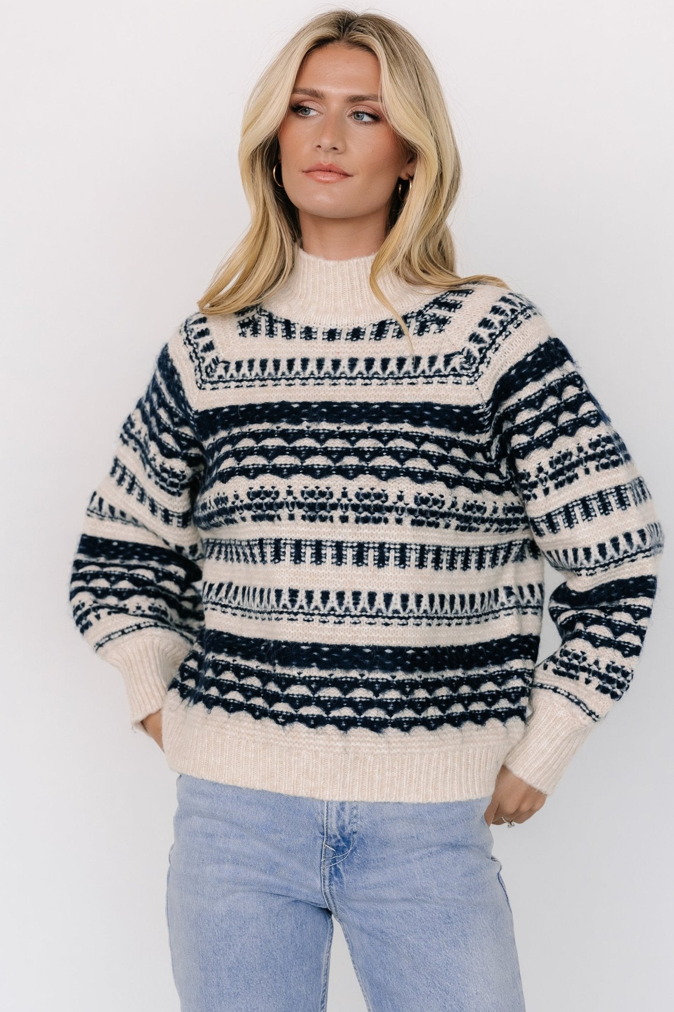 Guadalupe Mock Neck Sweater | Ivory + Navy - Baltic Born