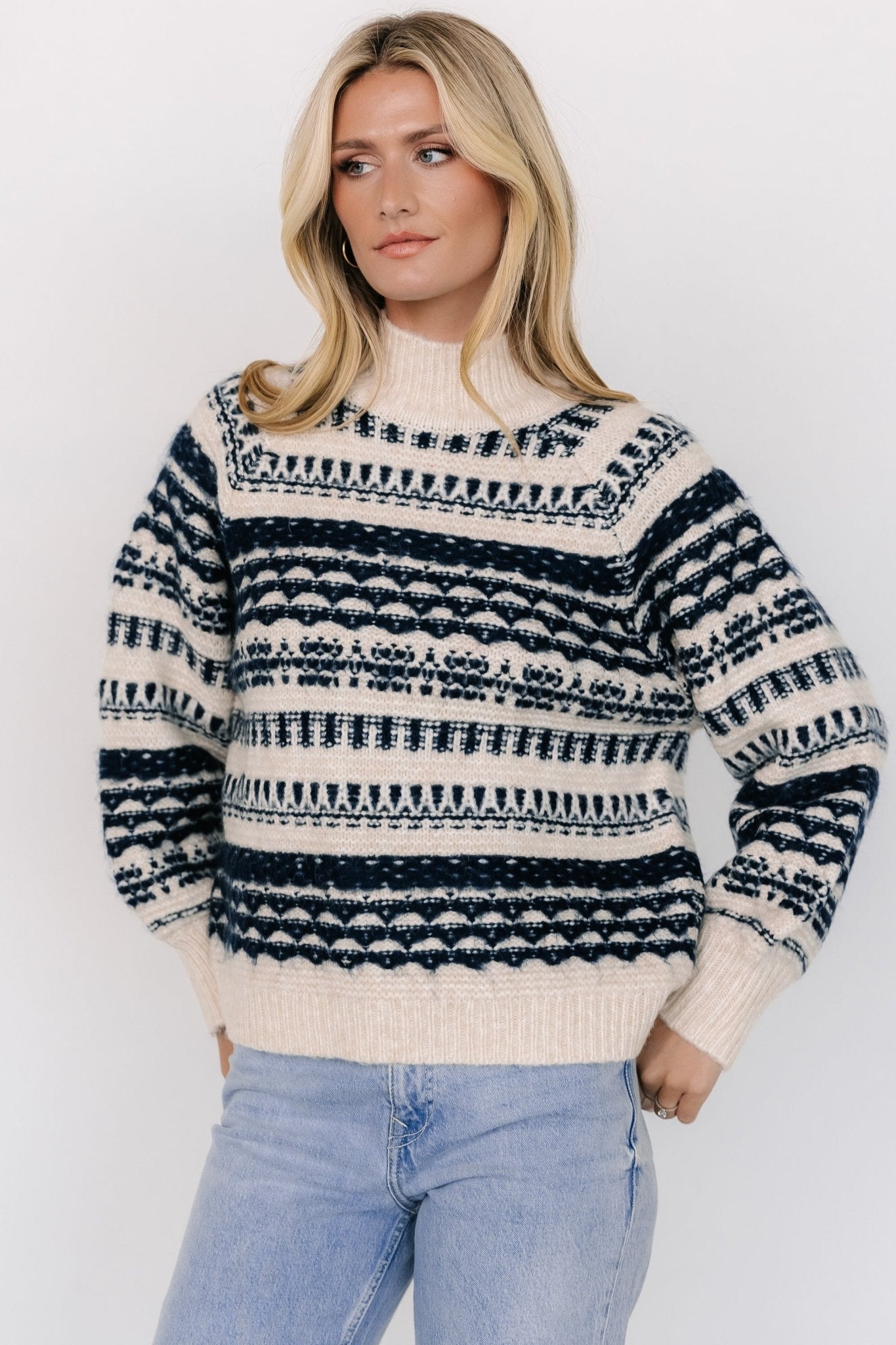 Guadalupe Mock Neck Sweater | Ivory + Navy - Baltic Born