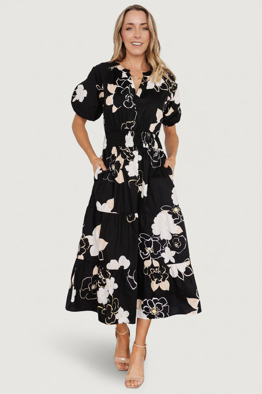 Hacienda Tiered Midi Dress | Black Multi