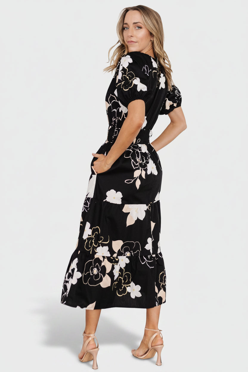 Hacienda Tiered Midi Dress | Black Multi