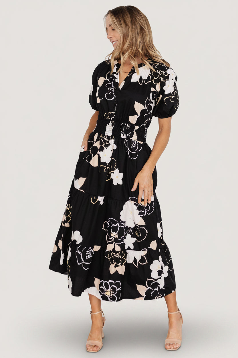 Hacienda Tiered Midi Dress | Black Multi