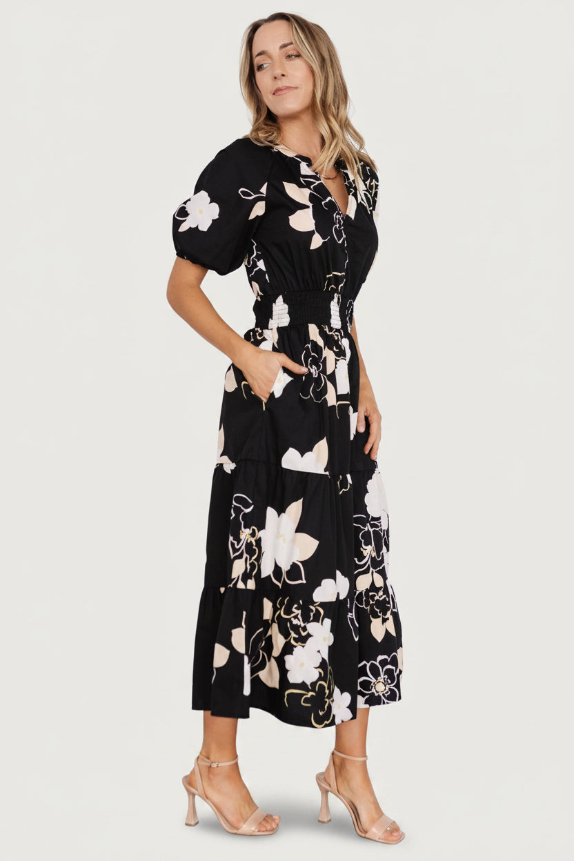 Hacienda Tiered Midi Dress | Black Multi