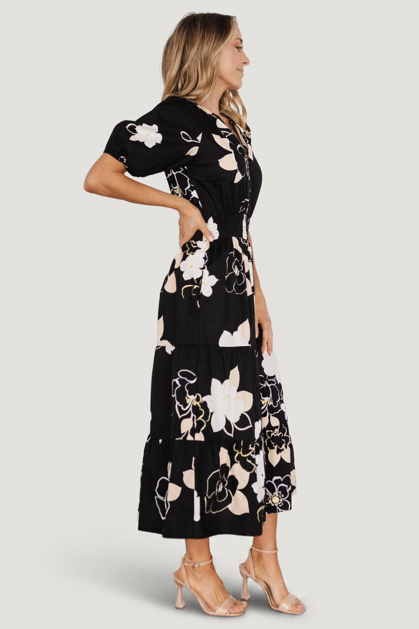 Hacienda Tiered Midi Dress | Black Multi