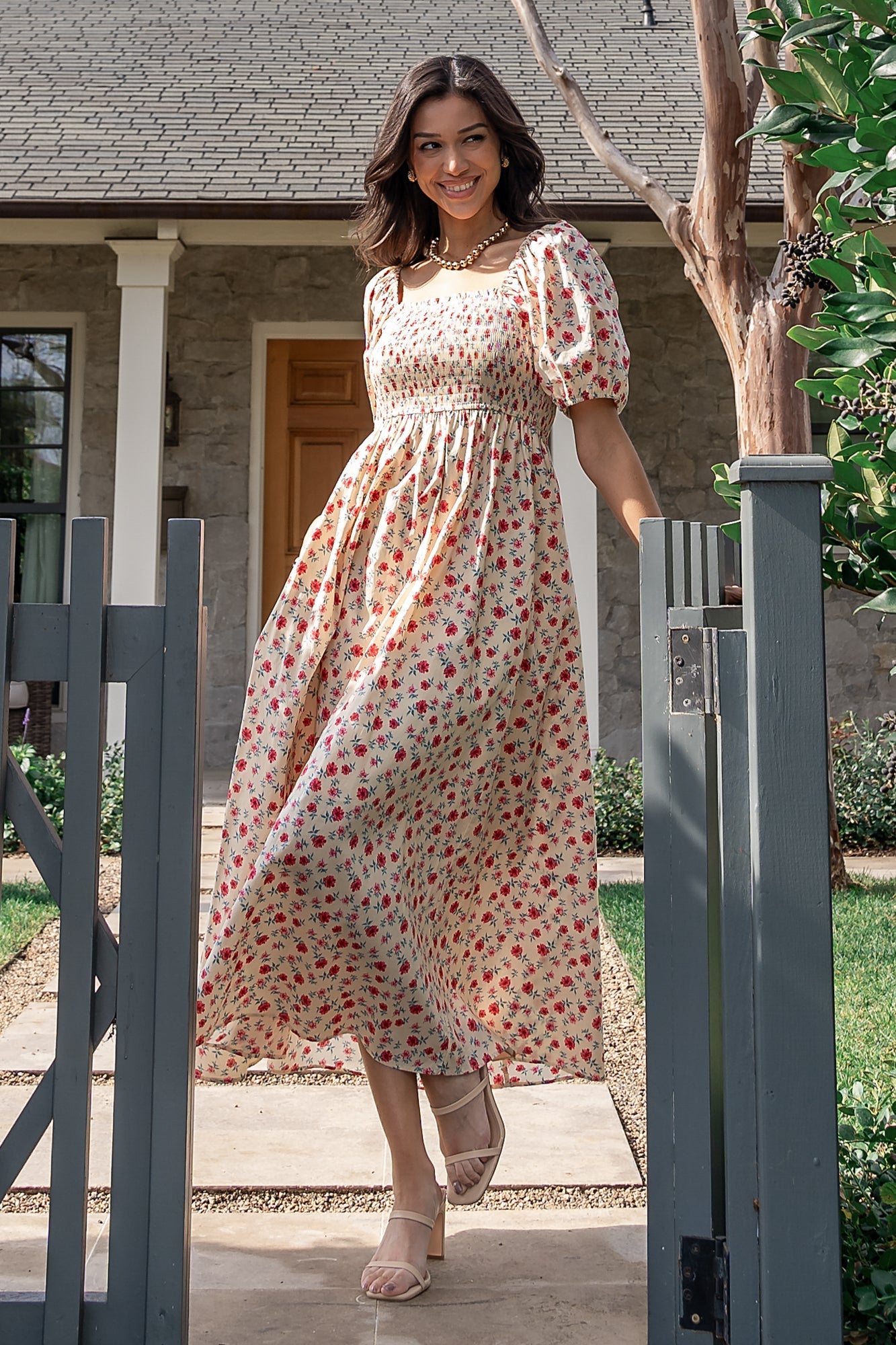 Baltic Born Womens Haddie Smocked Midi Dress | Cream + Rose Floral Baltic Born Womens Haddie Smocked Midi Dress | Cream + Rose Floral