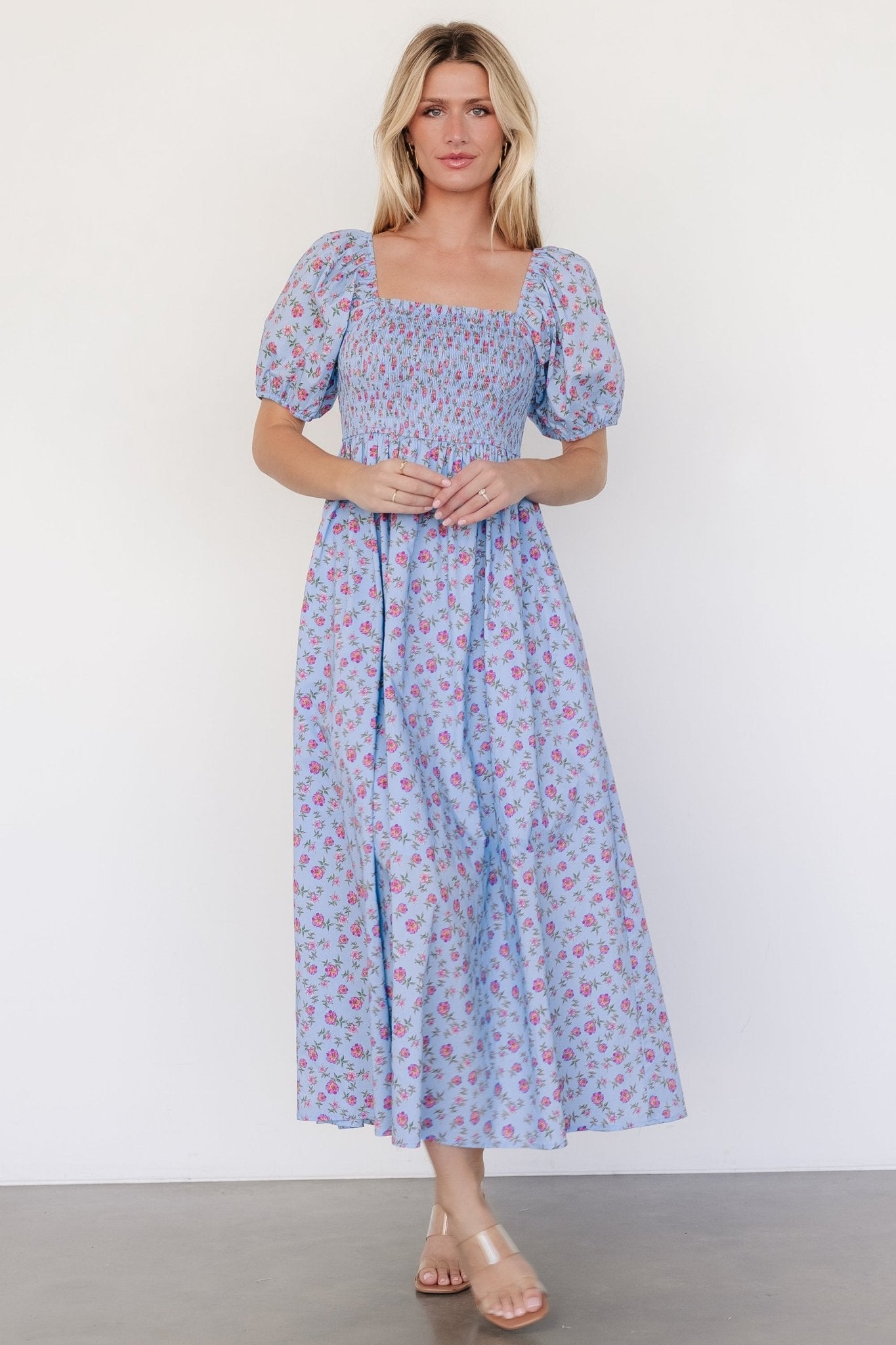 Haddie Smocked Midi Dress | Light Blue + Rose Floral - Baltic Born