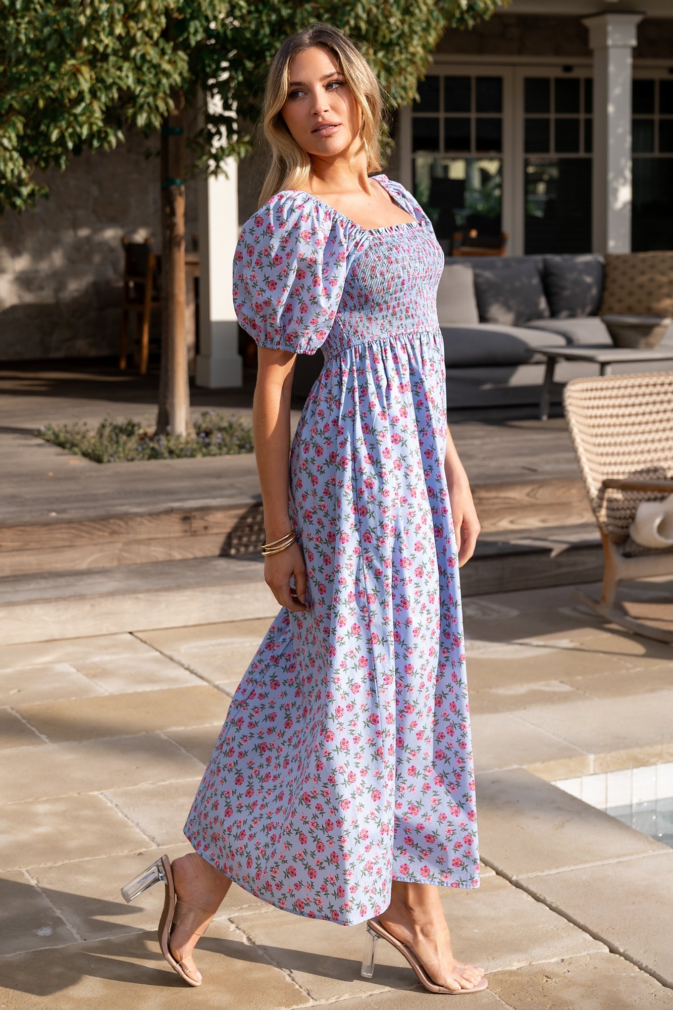 Baltic Born Womens Haddie Smocked Midi Dress | Light Blue + Rose Floral