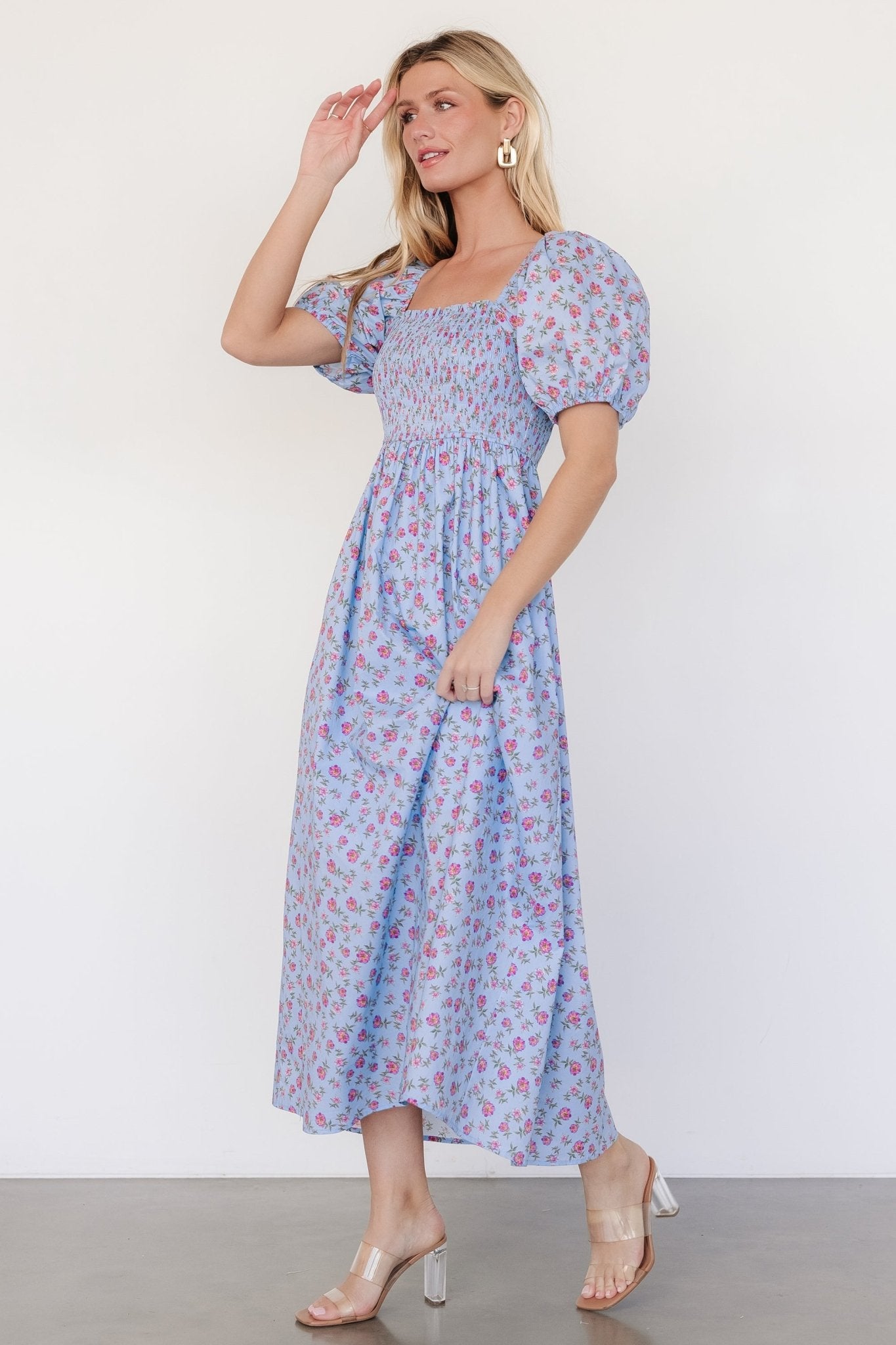 Haddie Smocked Midi Dress | Light Blue + Rose Floral - Baltic Born