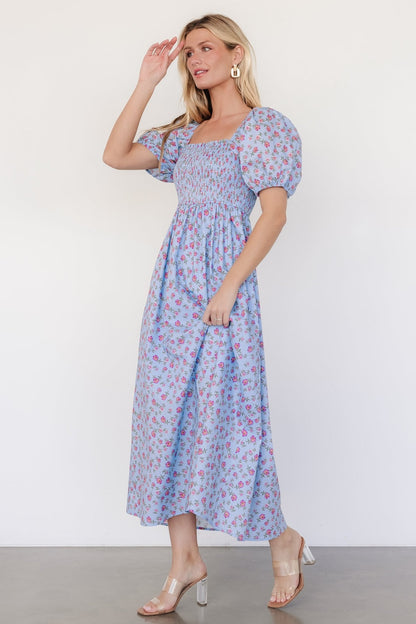 Haddie Smocked Midi Dress | Light Blue + Rose Floral - Baltic Born