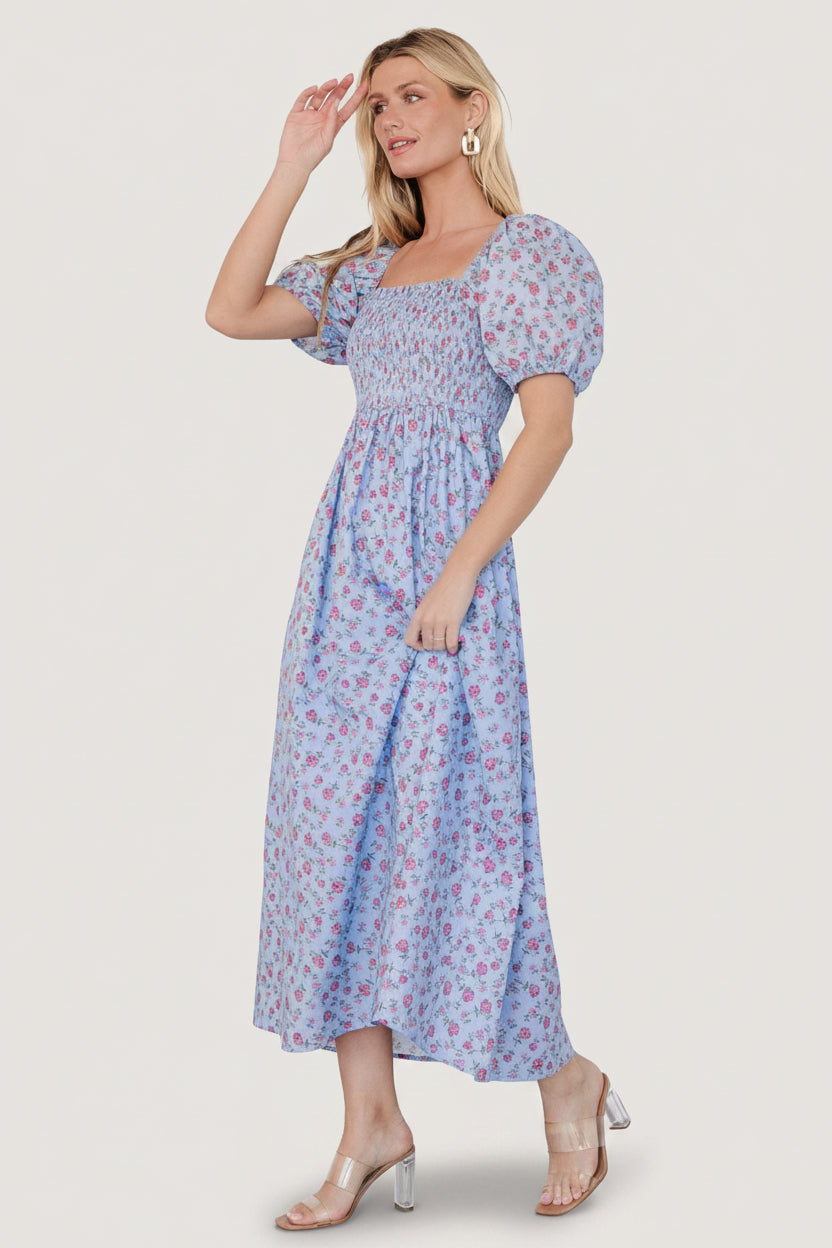 floral midi dress with sleeves Baltic Born Womens Haddie Smocked Midi Dress | Light Blue + Rose Floral