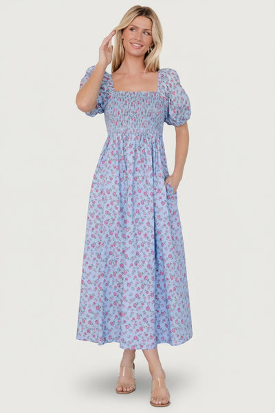 blue floral smock midi dress Clara Floral V Neck Puff Sleeve Midi Smock Dress Navy Blue Multi main image 0