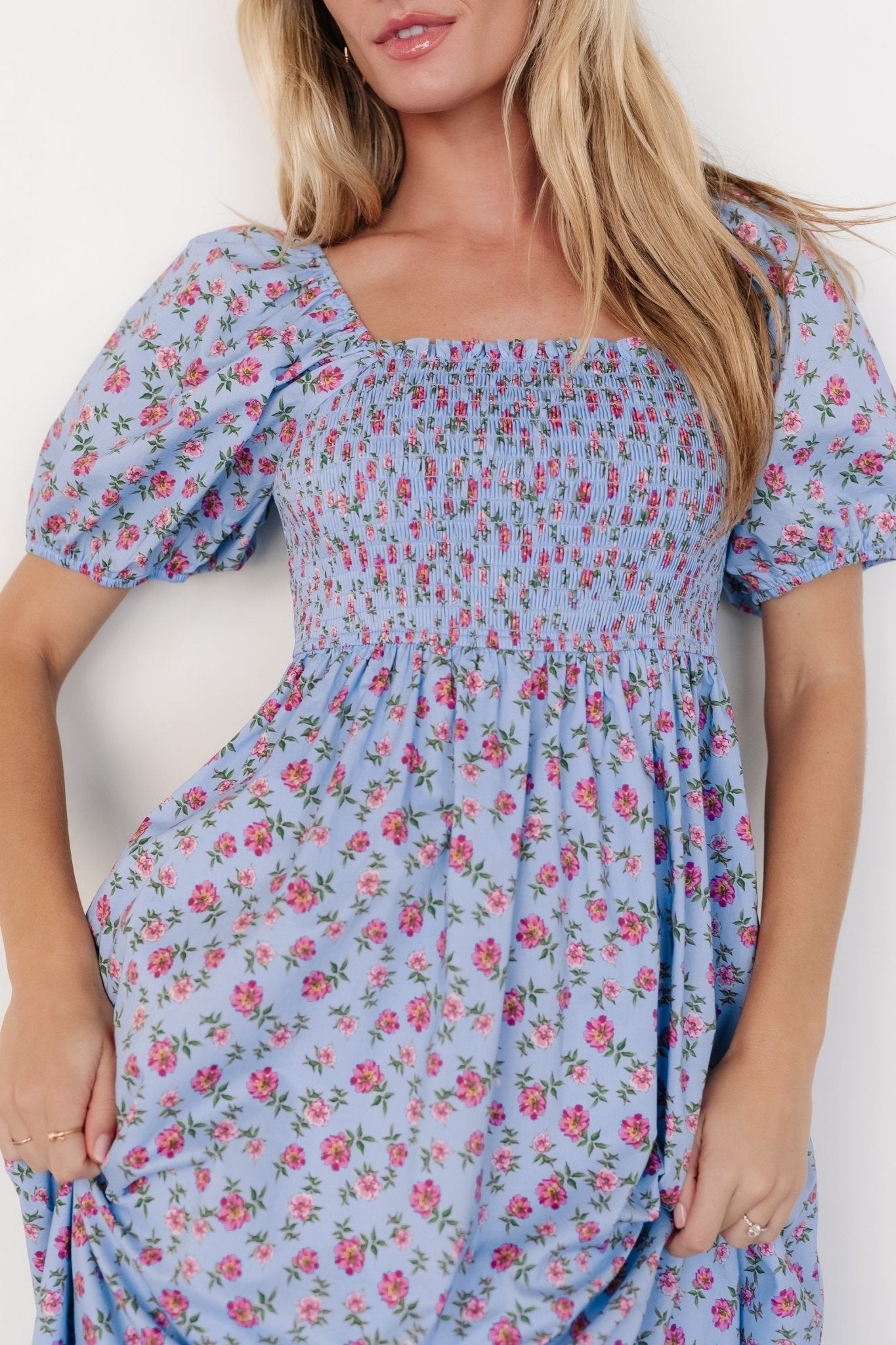 Haddie Smocked Midi Dress | Light Blue + Rose Floral - Baltic Born