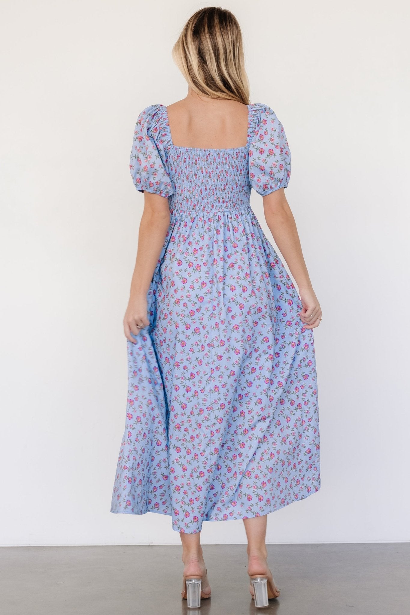 Haddie Smocked Midi Dress | Light Blue + Rose Floral - Baltic Born