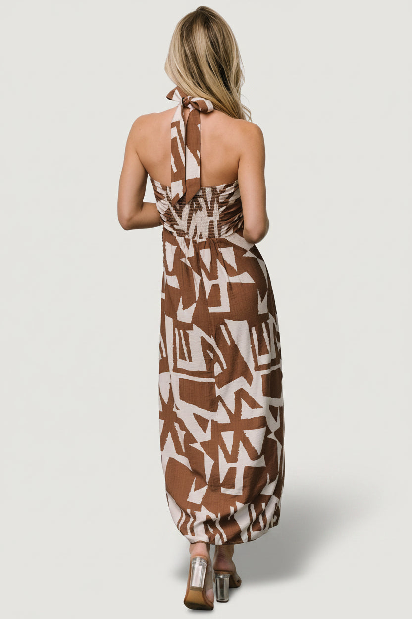 Baltic Born Womens Halin Halter Dress | Brown + Natural Print | Size: Medium