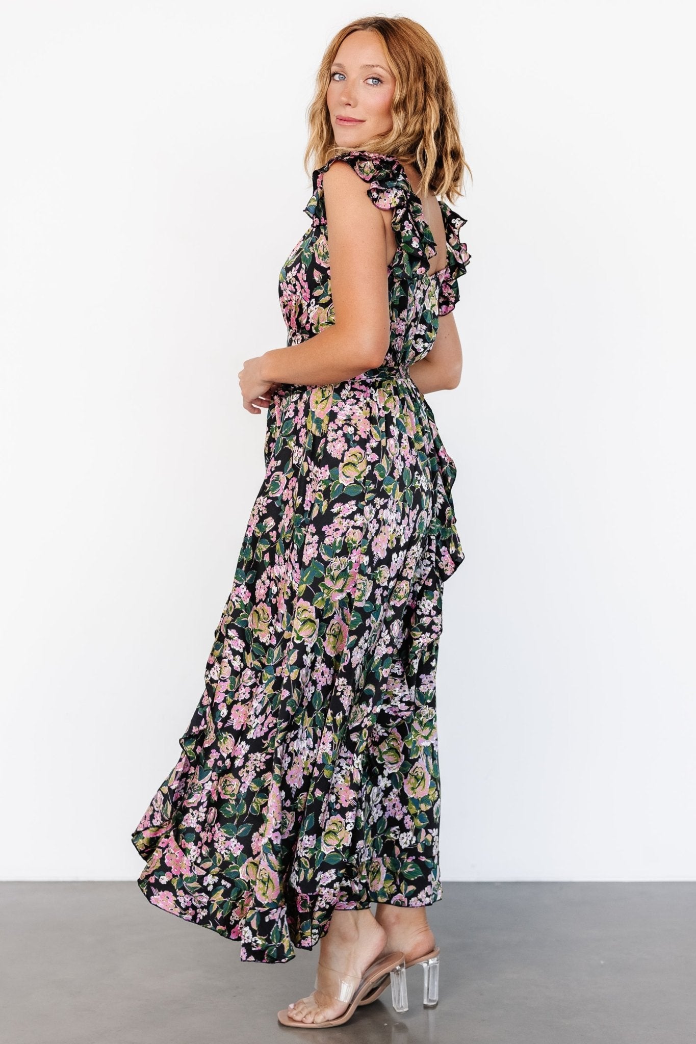 Harlow Satin Maxi Dress | Black Multi - Baltic Born