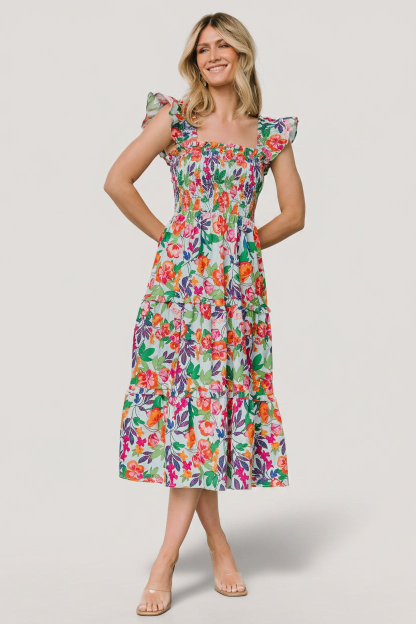 Harper Smocked Midi Dress Blue Multi Floral | Baltic Born L Harper Smocked Midi Dress Blue Multi Floral | Baltic Born L
