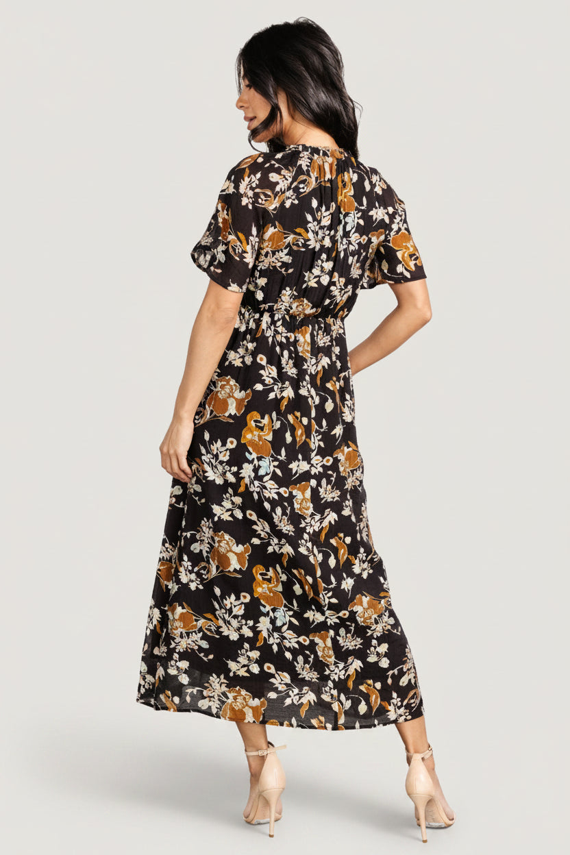 black floral midi dress Time Flies Black Floral Jacquard Puff Sleeve Midi Dress main image 1