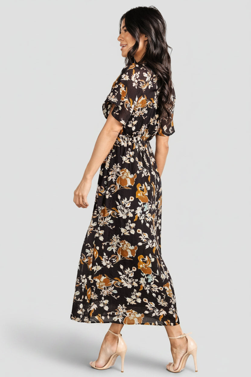 Hathaway Midi Dress - Black Floral