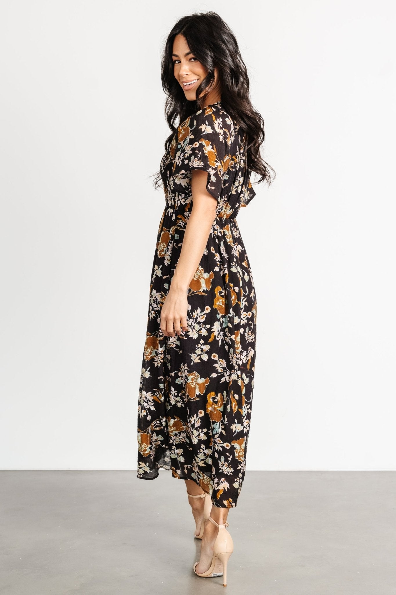 Midi Dress With Black Floral Flowy Dress Hathaway Midi Dress Black