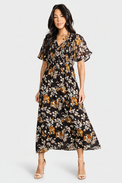 black floral midi wrap dress Baltic Born Womens Hathaway Midi Dress | Black Floral