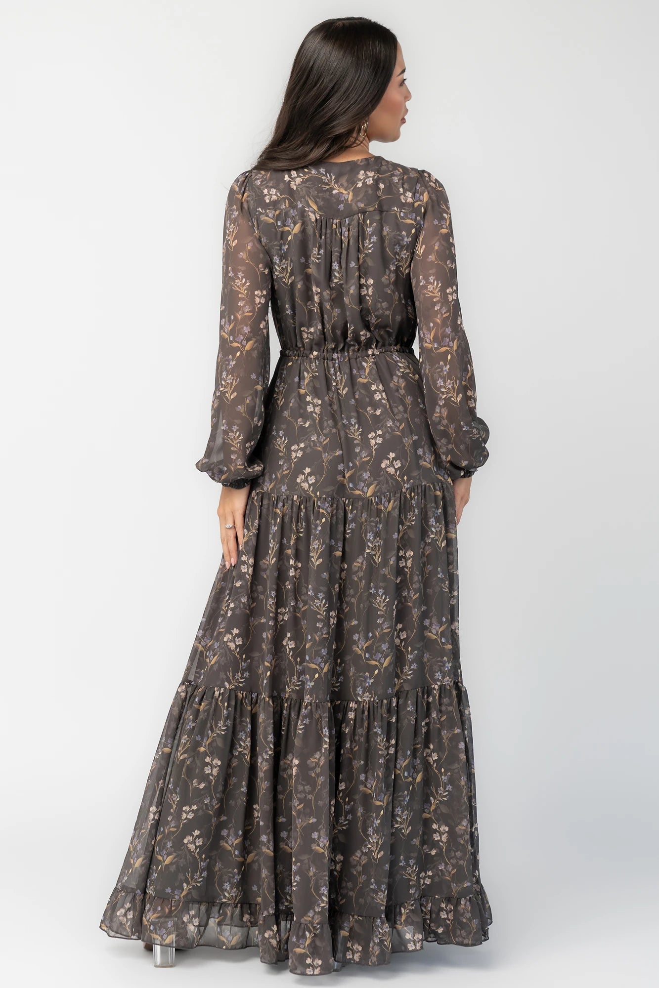 Hazel Boho Maxi Dress in Dusk Floral with V-neck, sheer long sleeves, drawstring waist, and tiered skirt.