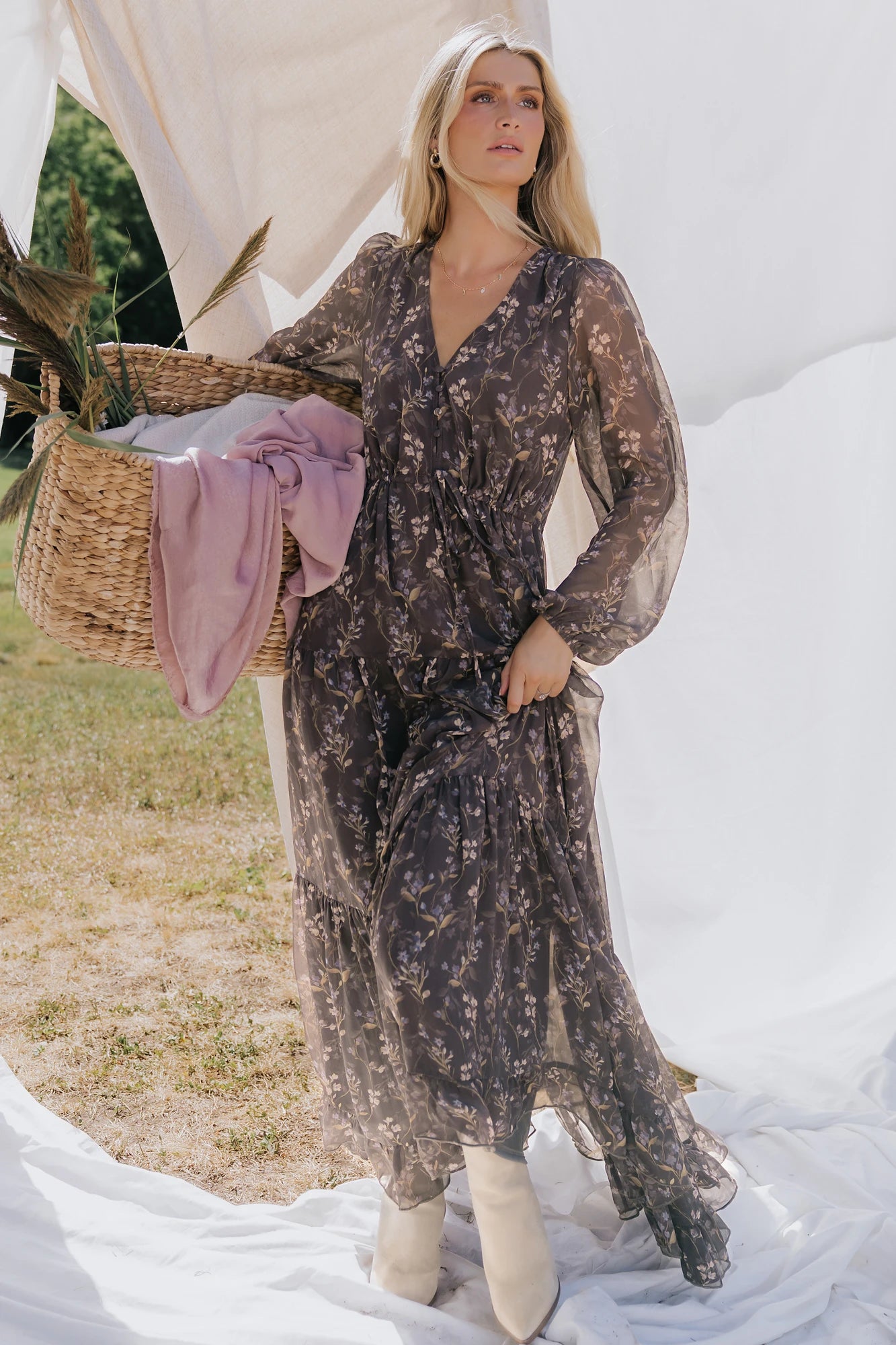 Hazel Boho Maxi Dress in Dusk Floral with V-neck, sheer long sleeves, drawstring waist, and tiered skirt.
