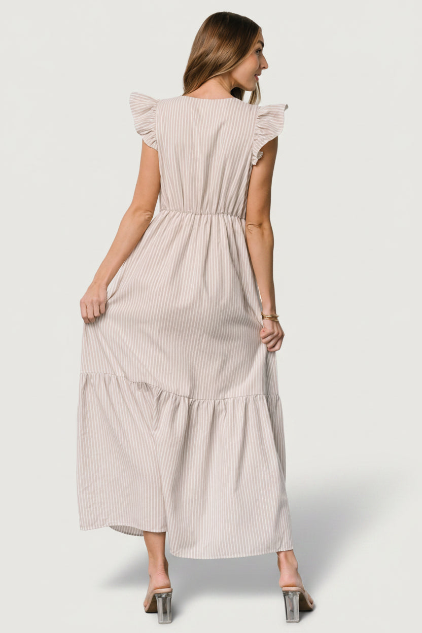 Hettie Button Maxi Dress | Beige Stripe