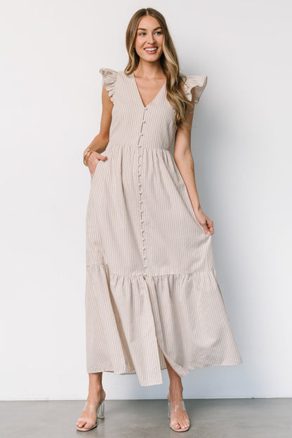 Hettie Button Maxi Dress | Beige Stripe - Baltic Born