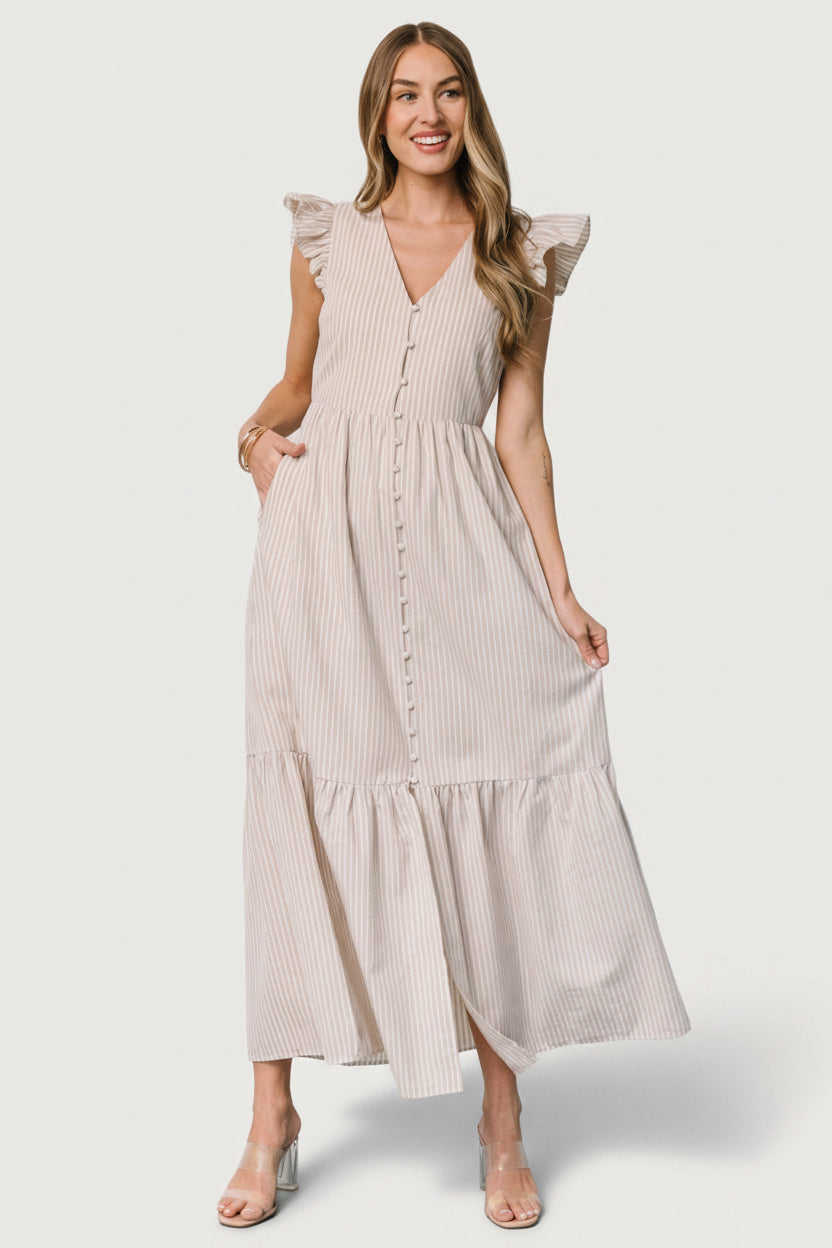 Hettie Button Maxi Dress | Beige Stripe
