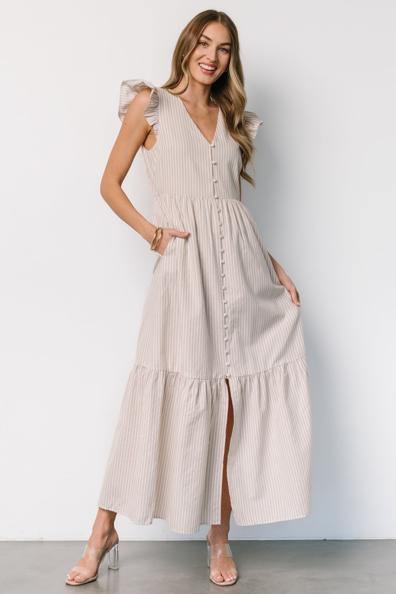 Hettie Button Maxi Dress | Beige Stripe - Baltic Born